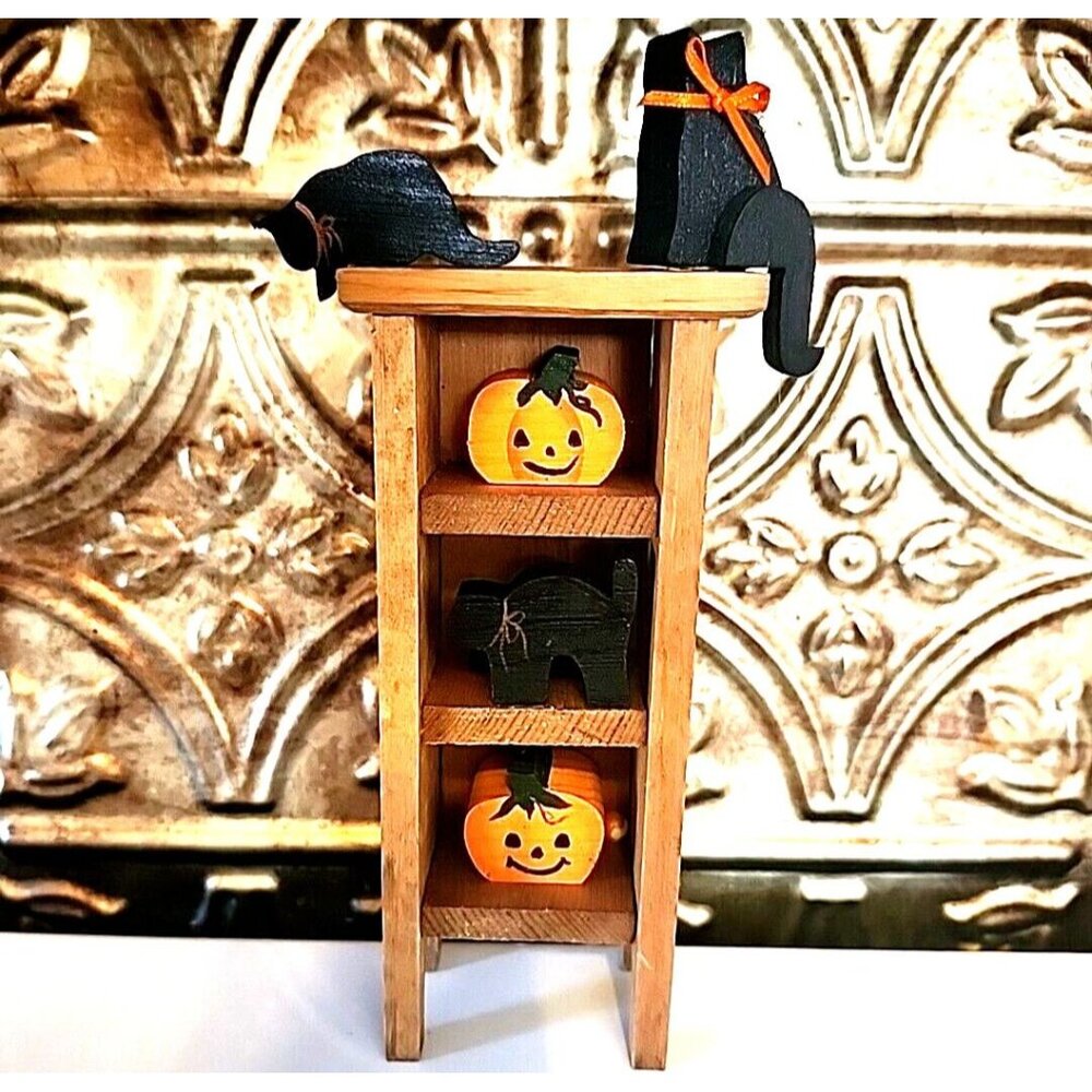 Halloween Decoration Cats Kittens Playing on Pumpkin Shelf Sitters Vtg